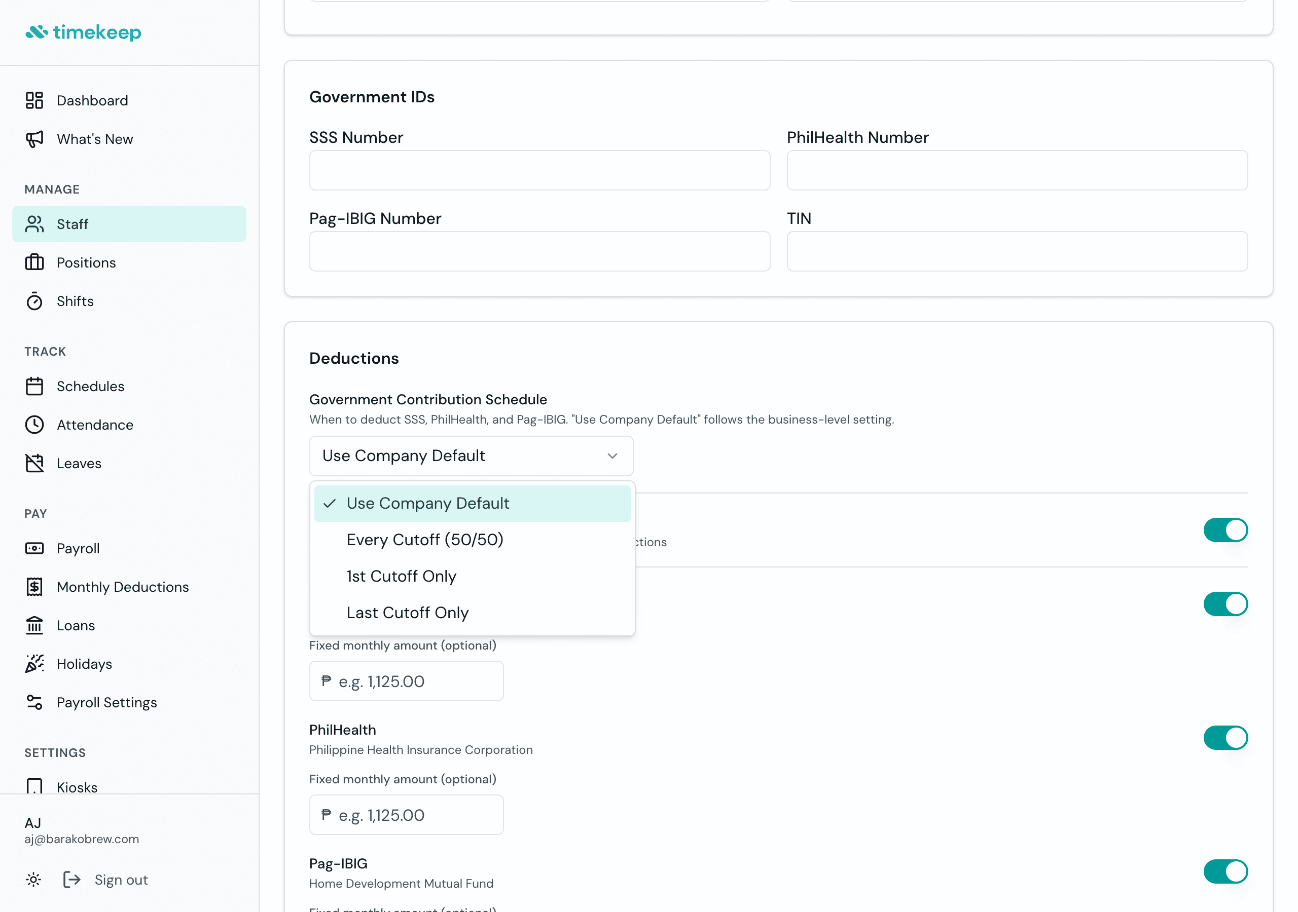 Per-Employee Government Contribution Schedule