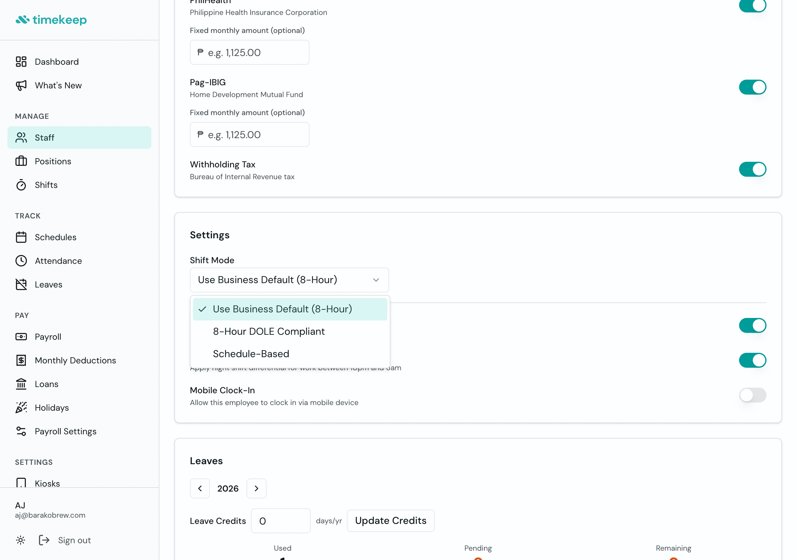 Shift Mode per Employee