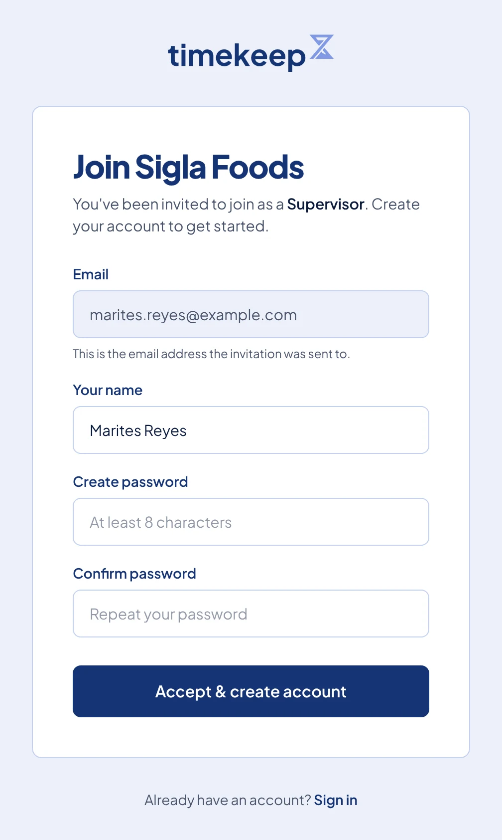 The invitation page for Sigla Foods, with the email address filled in and a name typed in.