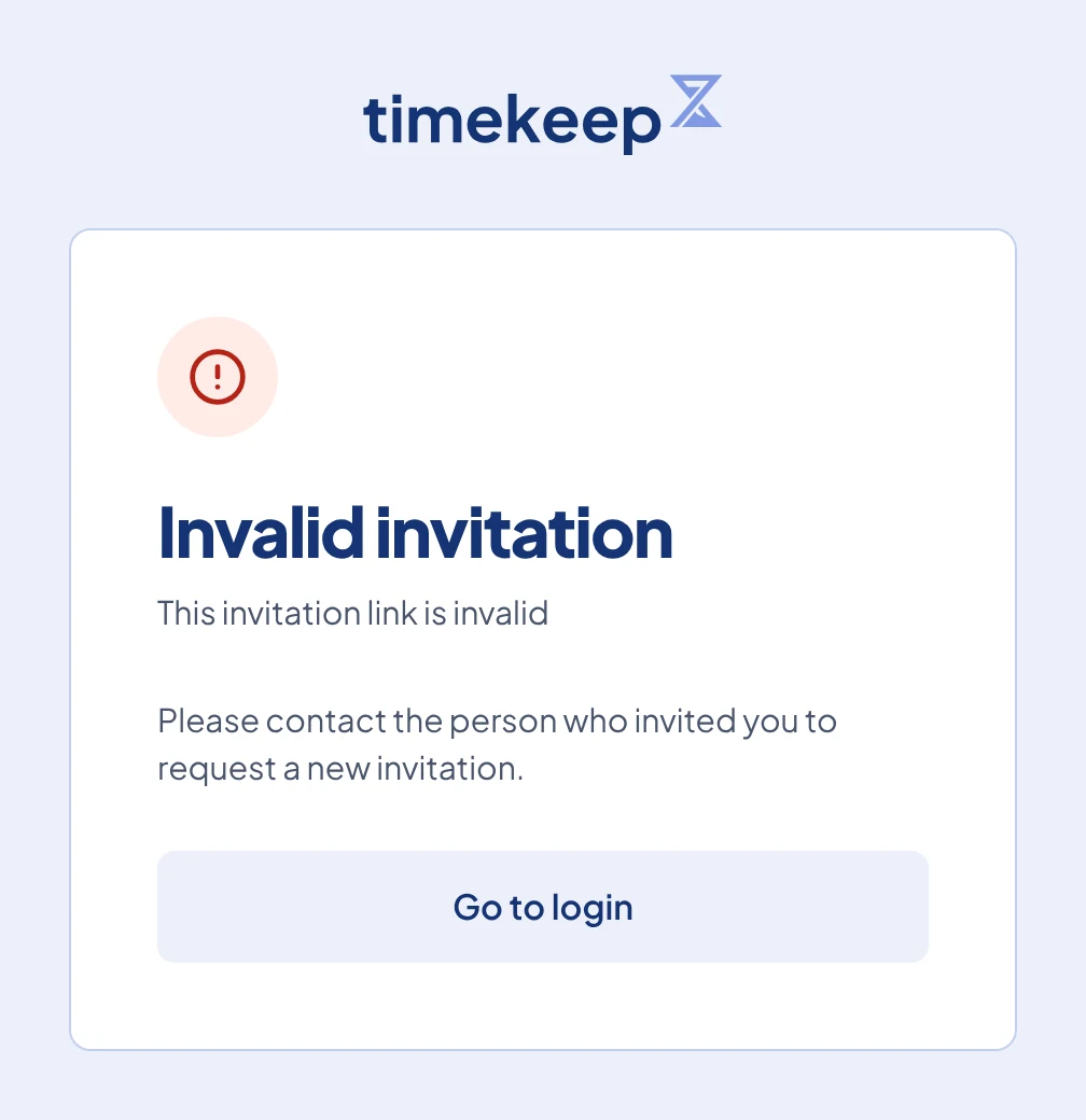 The Invalid invitation page, with a Go to login button.
