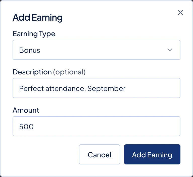 The Add Earning dialog with a ₱500 Bonus for perfect attendance.