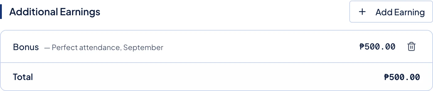 The Bonus now listed under Additional Earnings, with the trash button at the end of its row.