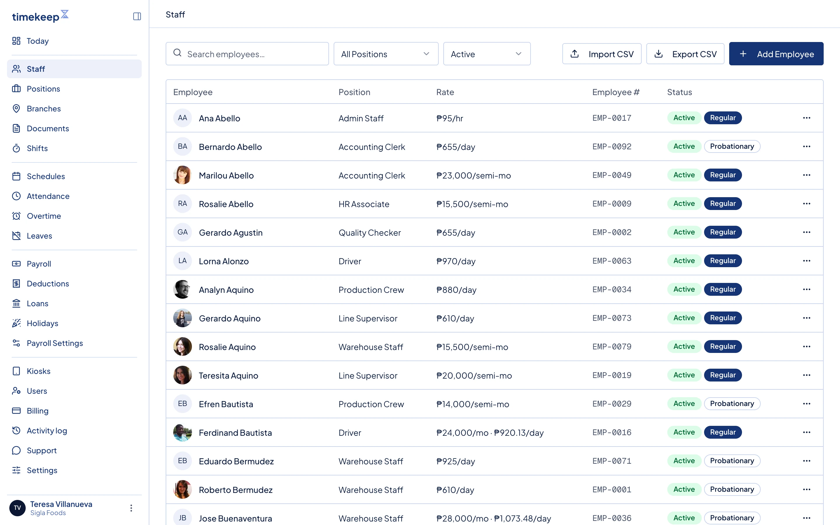 The Staff page. Import CSV, Export CSV and Add Employee are at the top right.