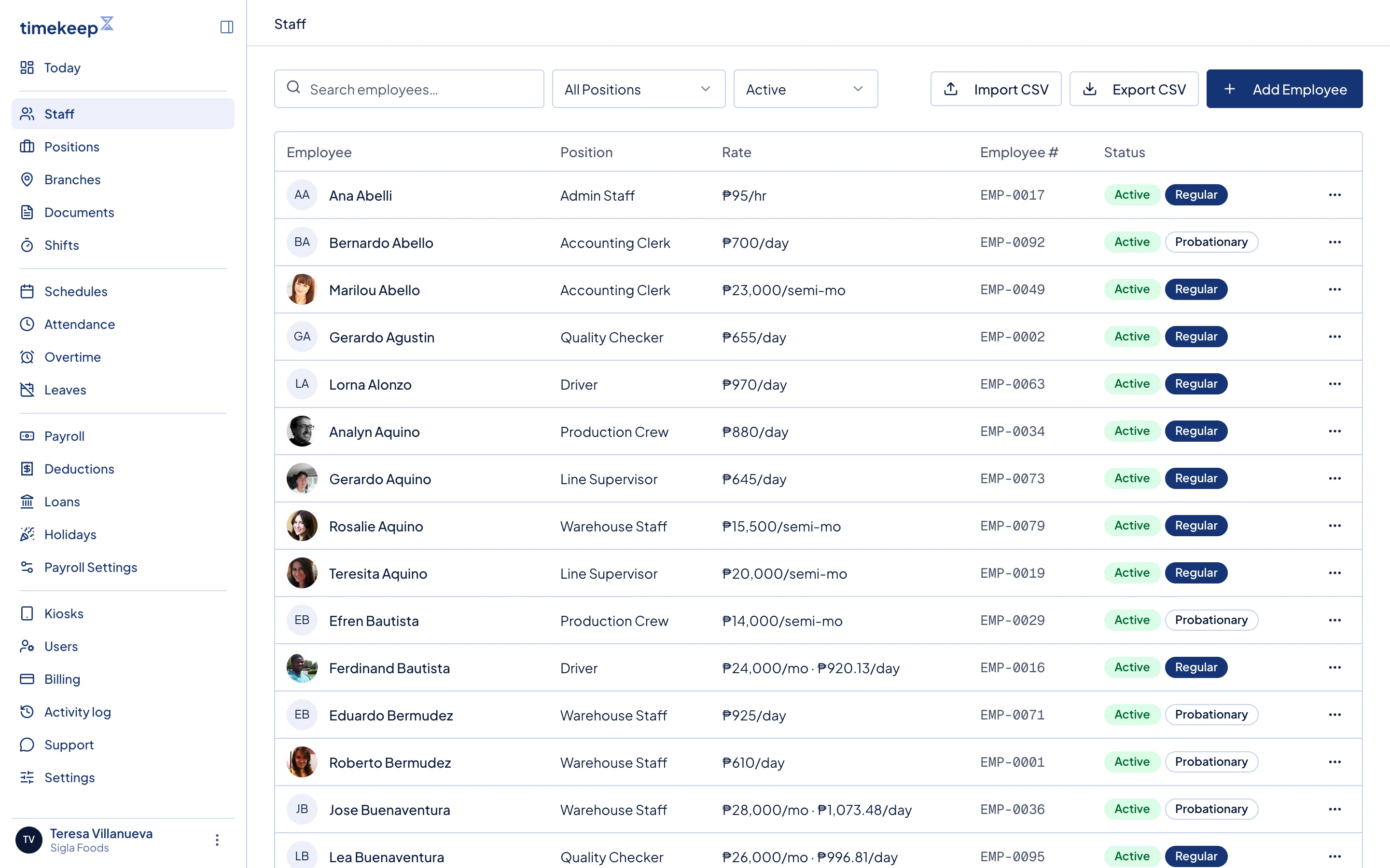 The Staff page. Import CSV, Export CSV and Add Employee are at the top right.