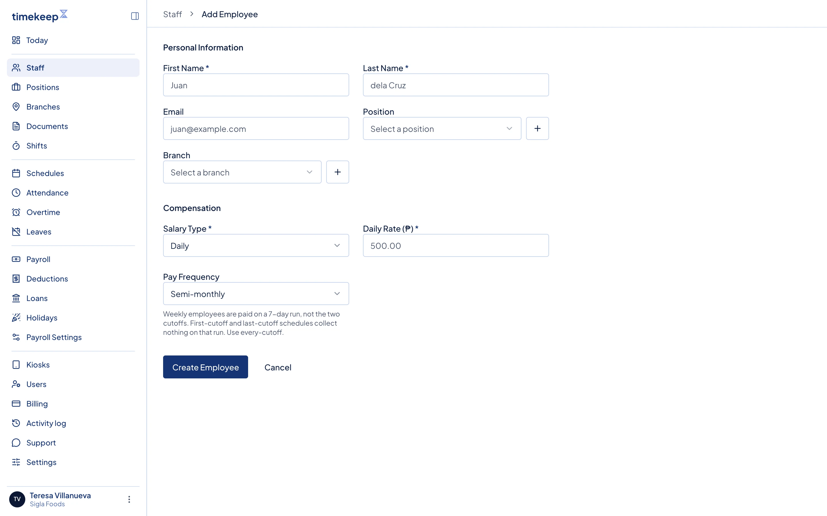 The Add Employee form. The rate field changes with the Salary Type.