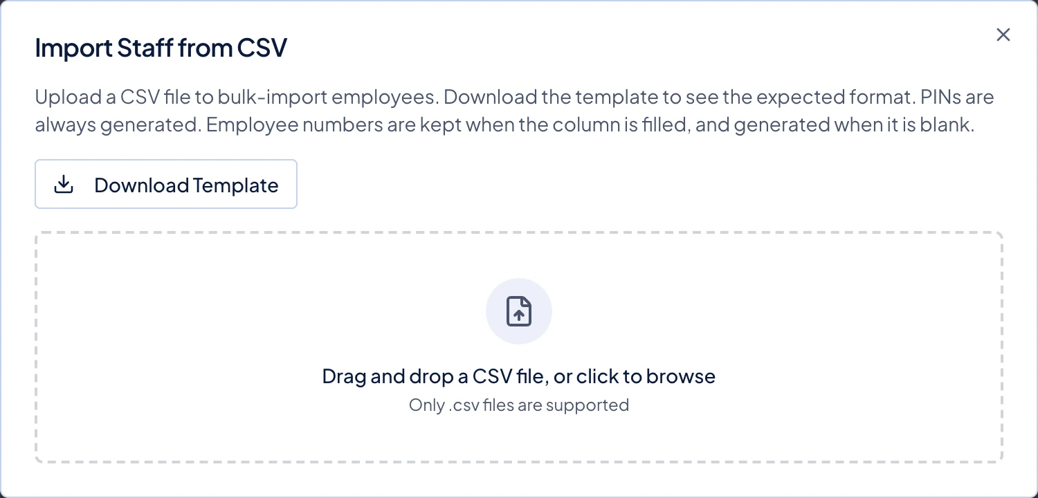 The import dialog, with Download Template above the upload box.