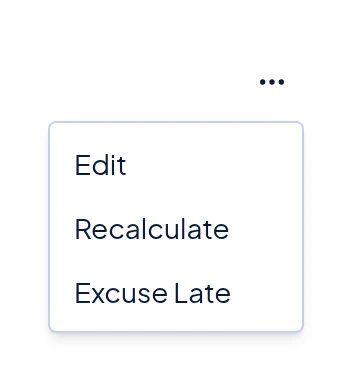 The attendance row menu, with Recalculate below Edit.