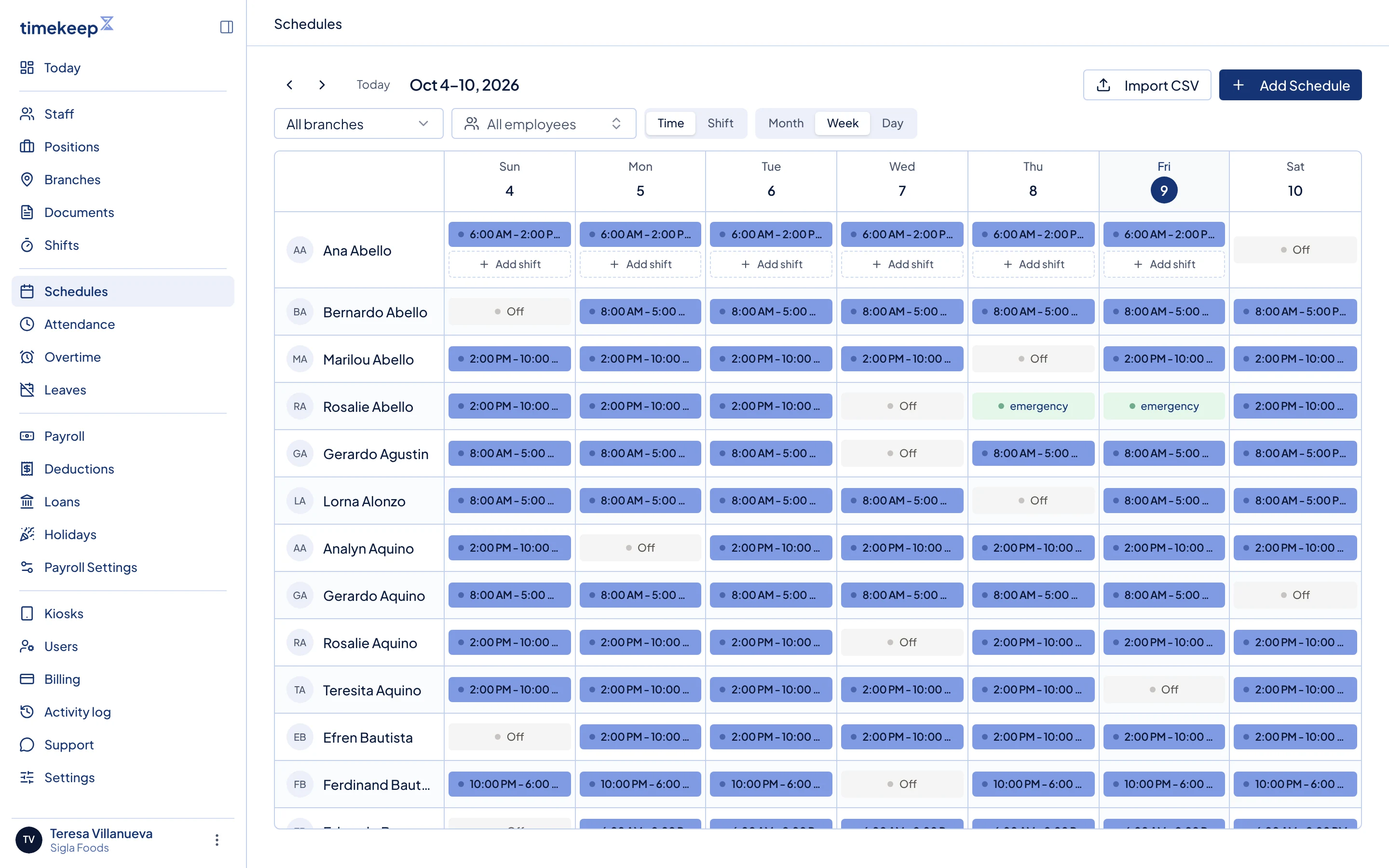 The Schedules calendar in week view, with one schedule for each person on each day.