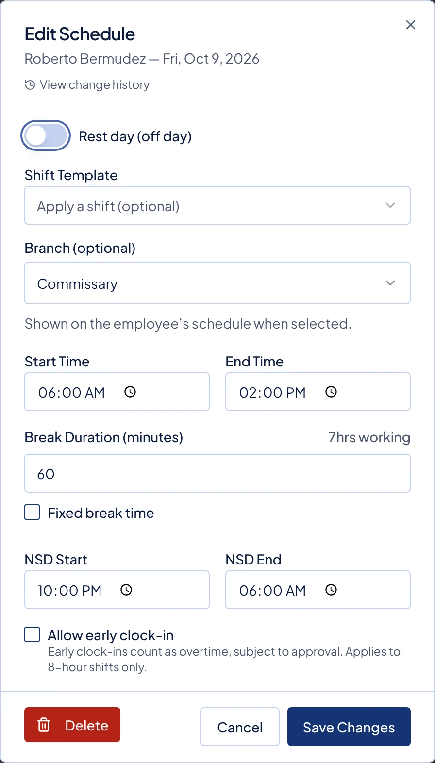 The Edit Schedule dialog, with Delete at the bottom left and Save Changes at the bottom right.