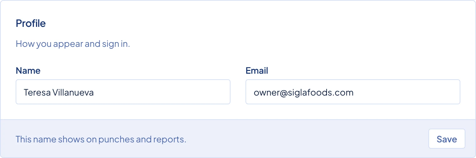 The Profile card at the top of Settings, with Name and Email.