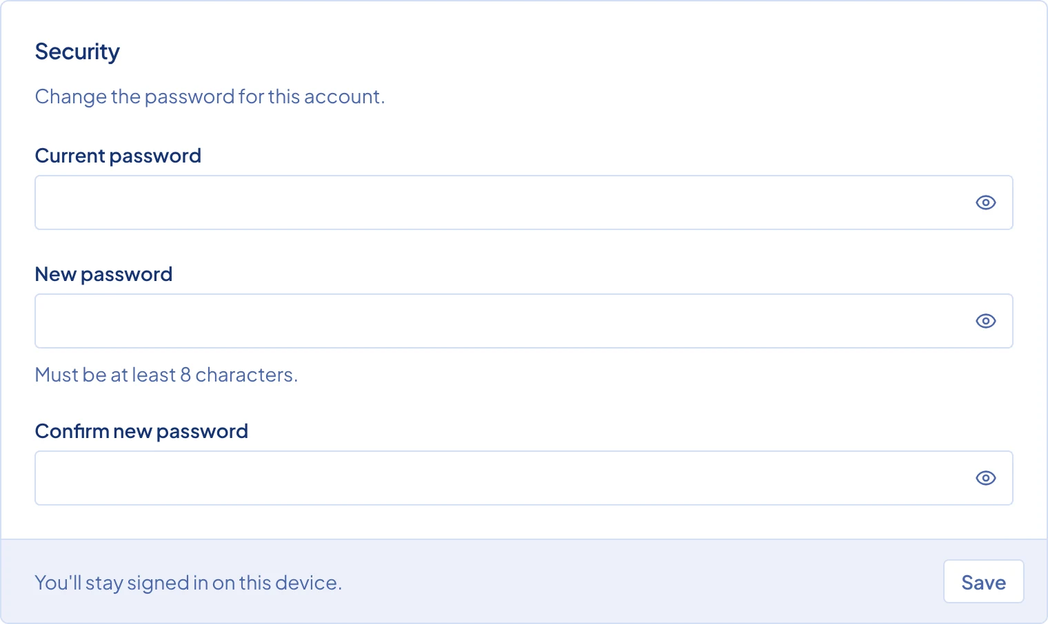 The Security card at the bottom of Settings, with the three password fields.