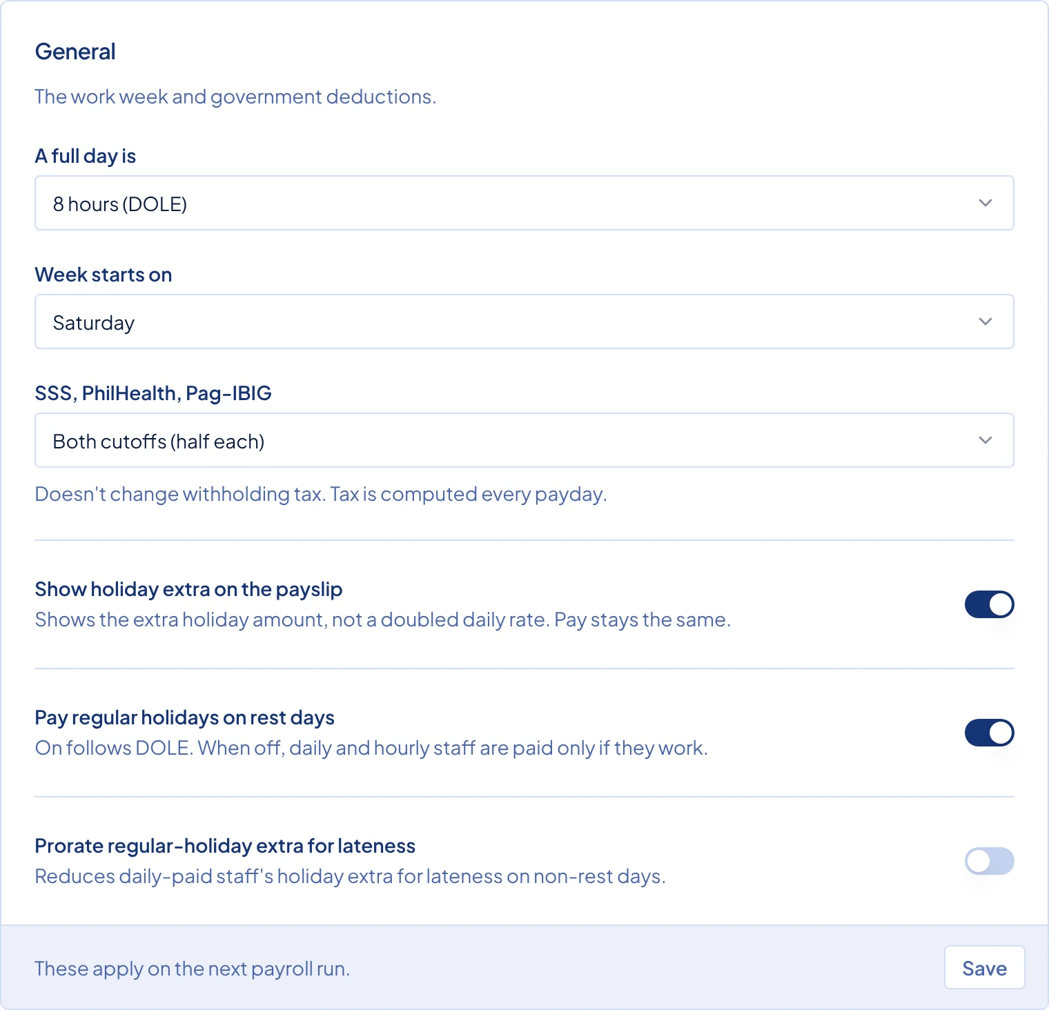 The General card on Payroll Settings.