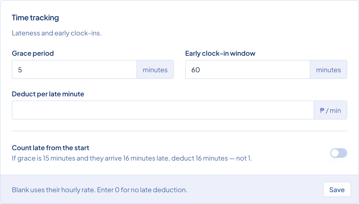 The Time tracking card on Payroll Settings.