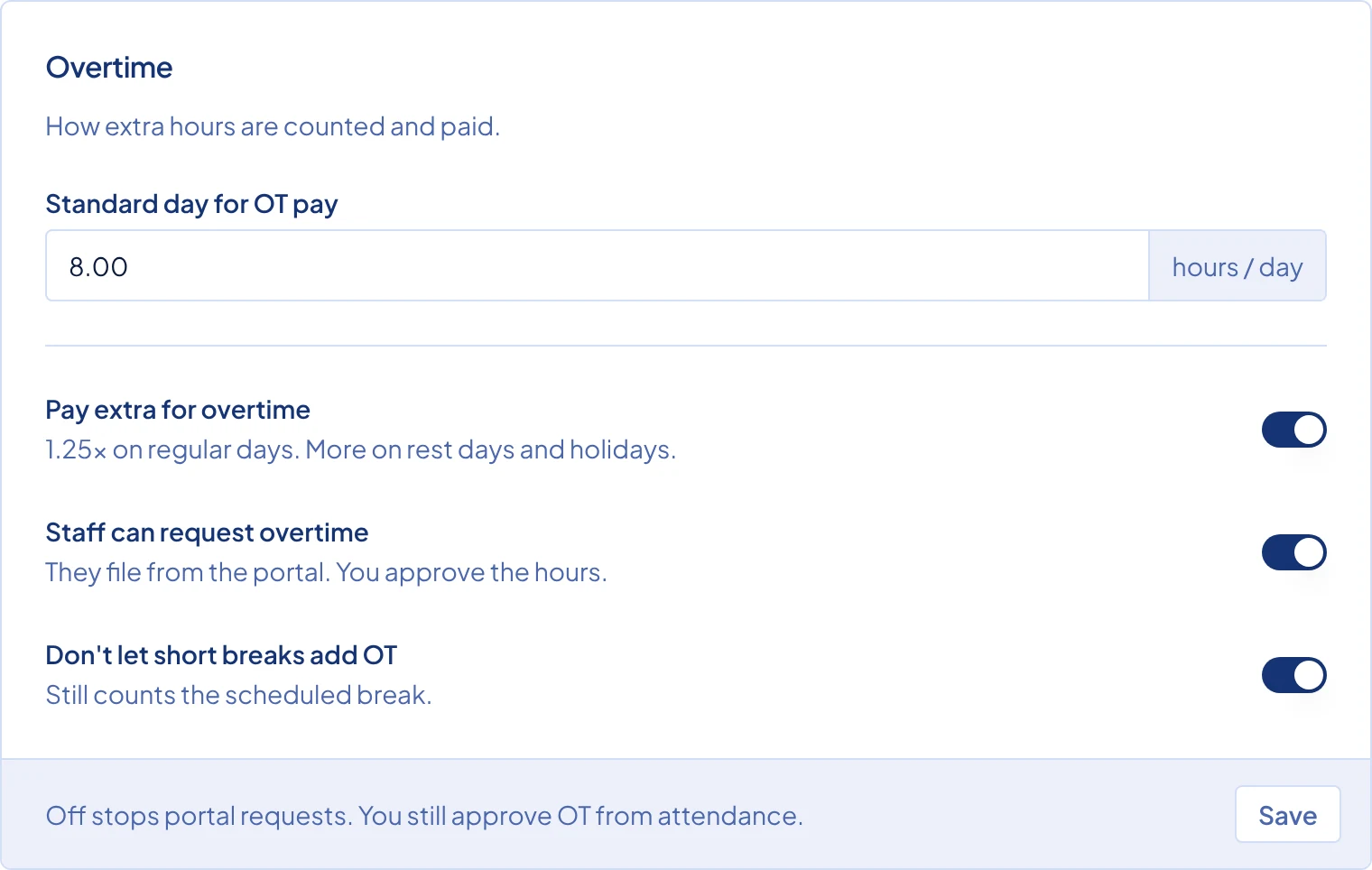 The Overtime card on Payroll Settings.