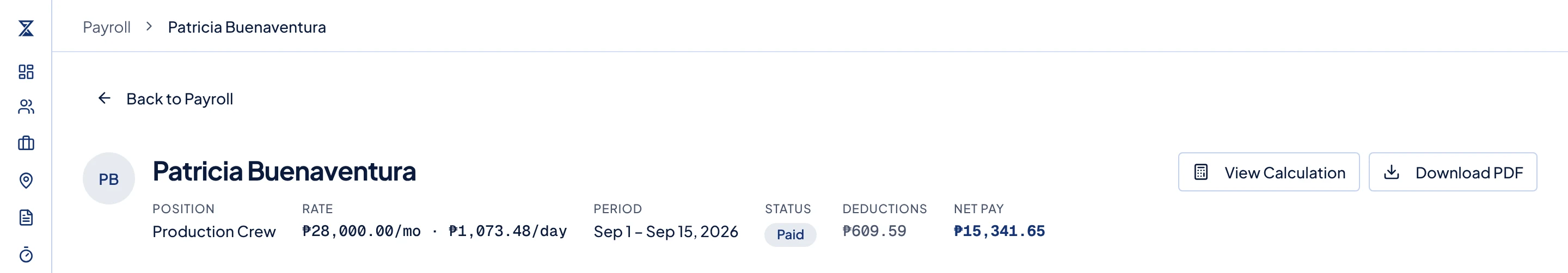 A payslip header with View Calculation and Download PDF at the top right.