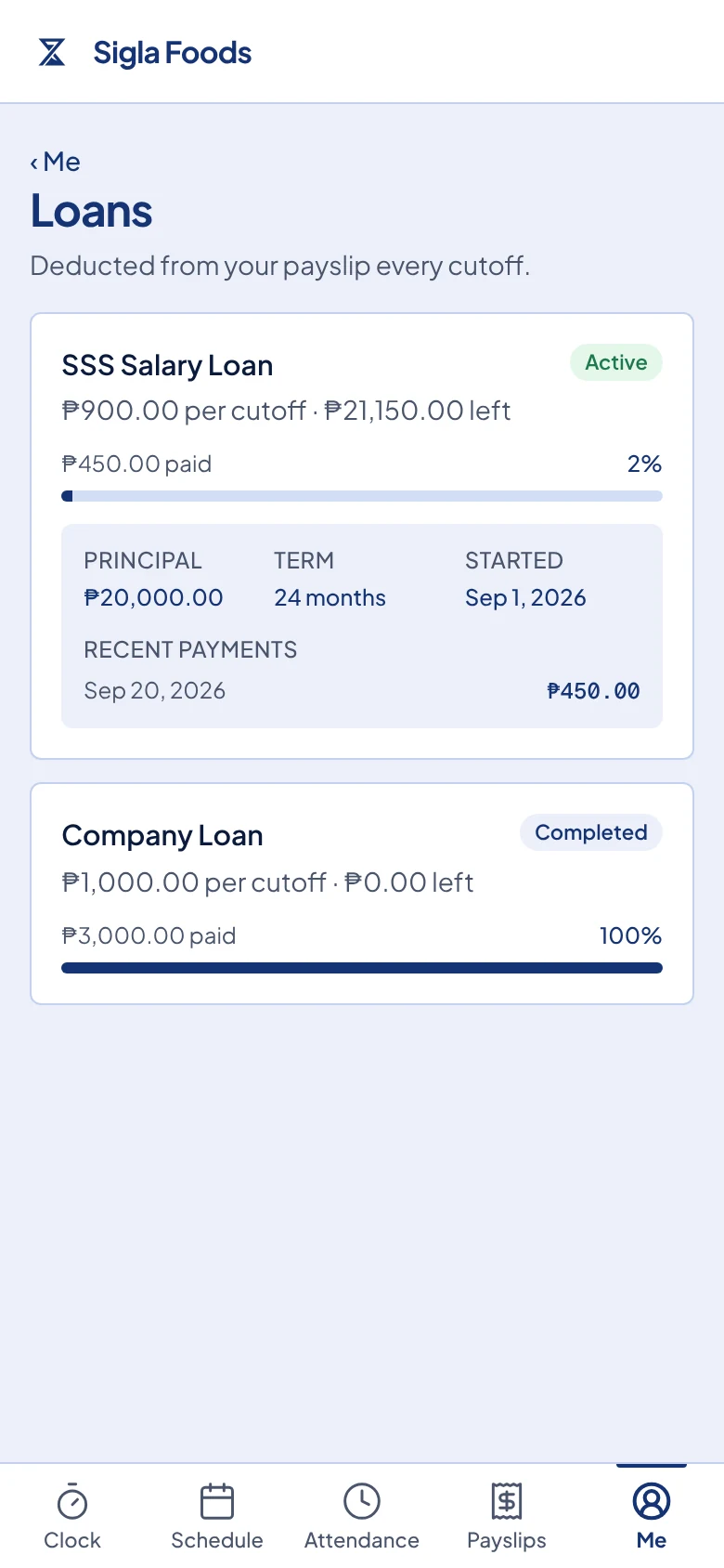 The Loans page. The SSS Salary Loan card is open and shows one recent payment.