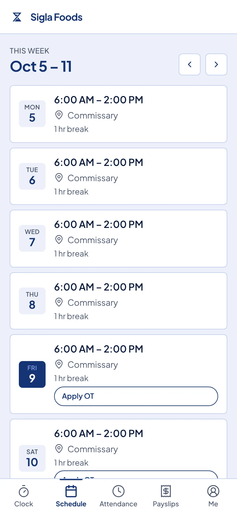 The Schedule page for one week. Today's date is dark and has an Apply OT button.