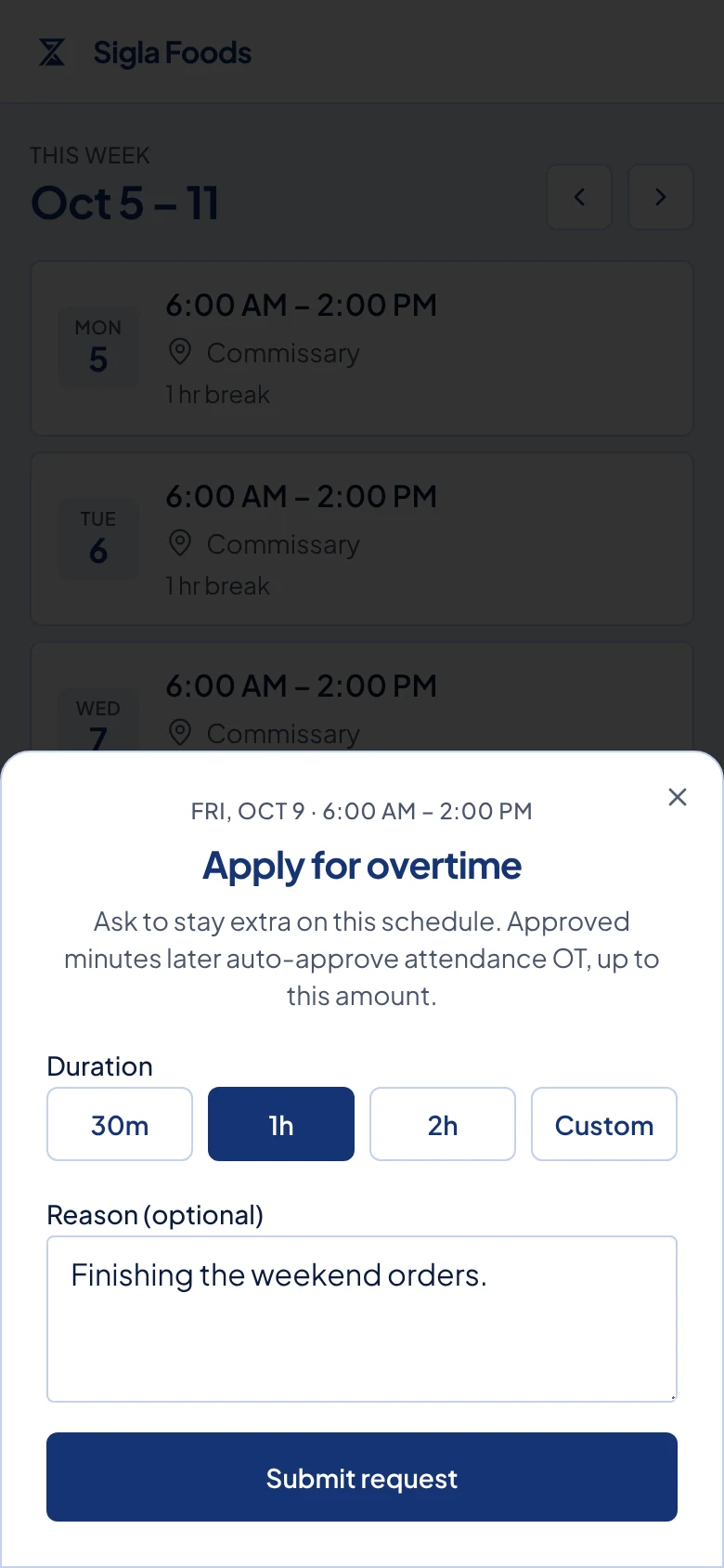 The Apply for overtime window with 1h selected and a reason typed in.