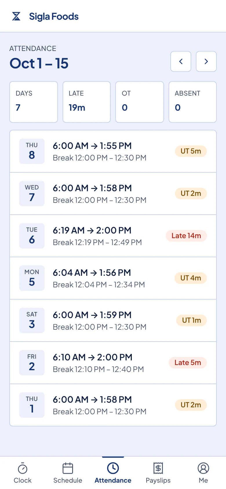 The Attendance page for one cutoff, with Late and UT tags on some days.