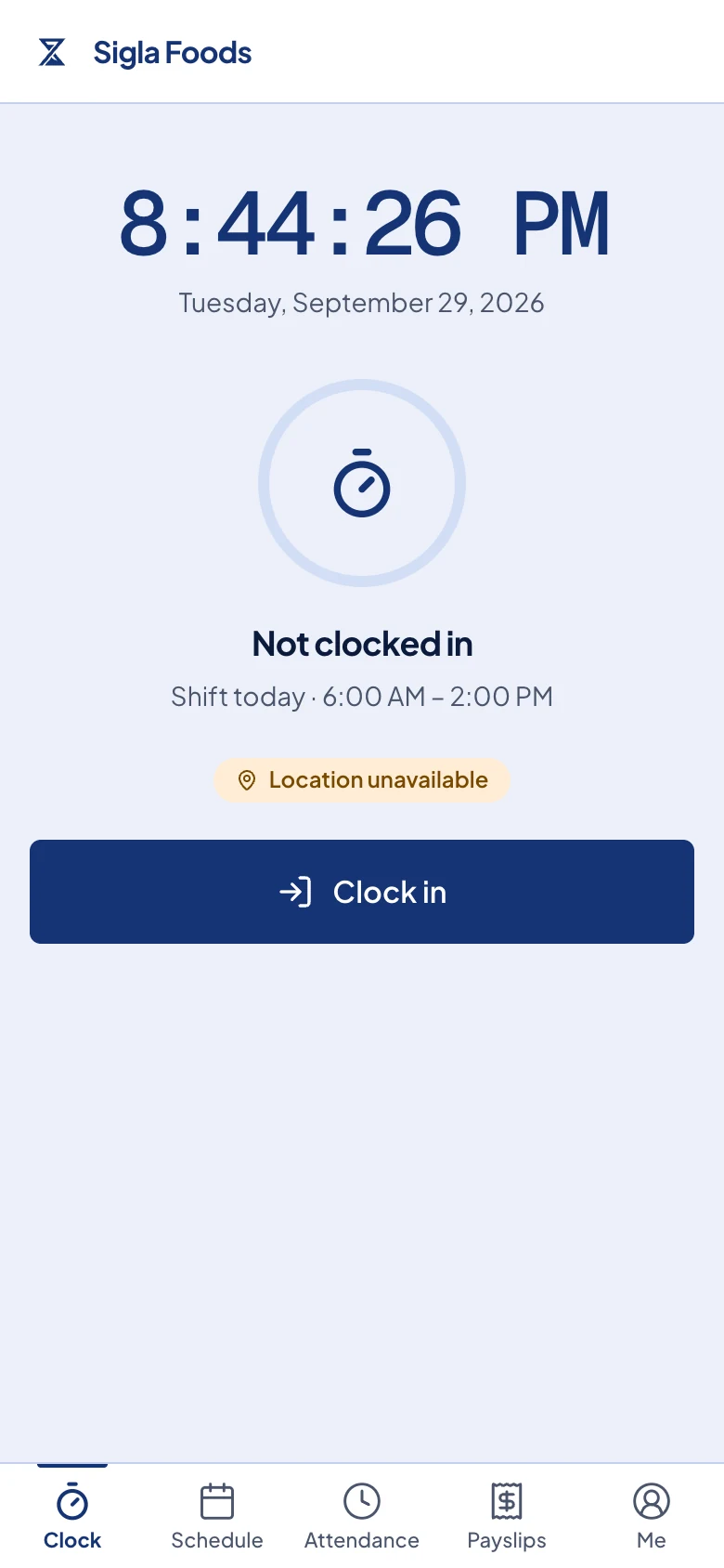 The Clock page before clocking in.