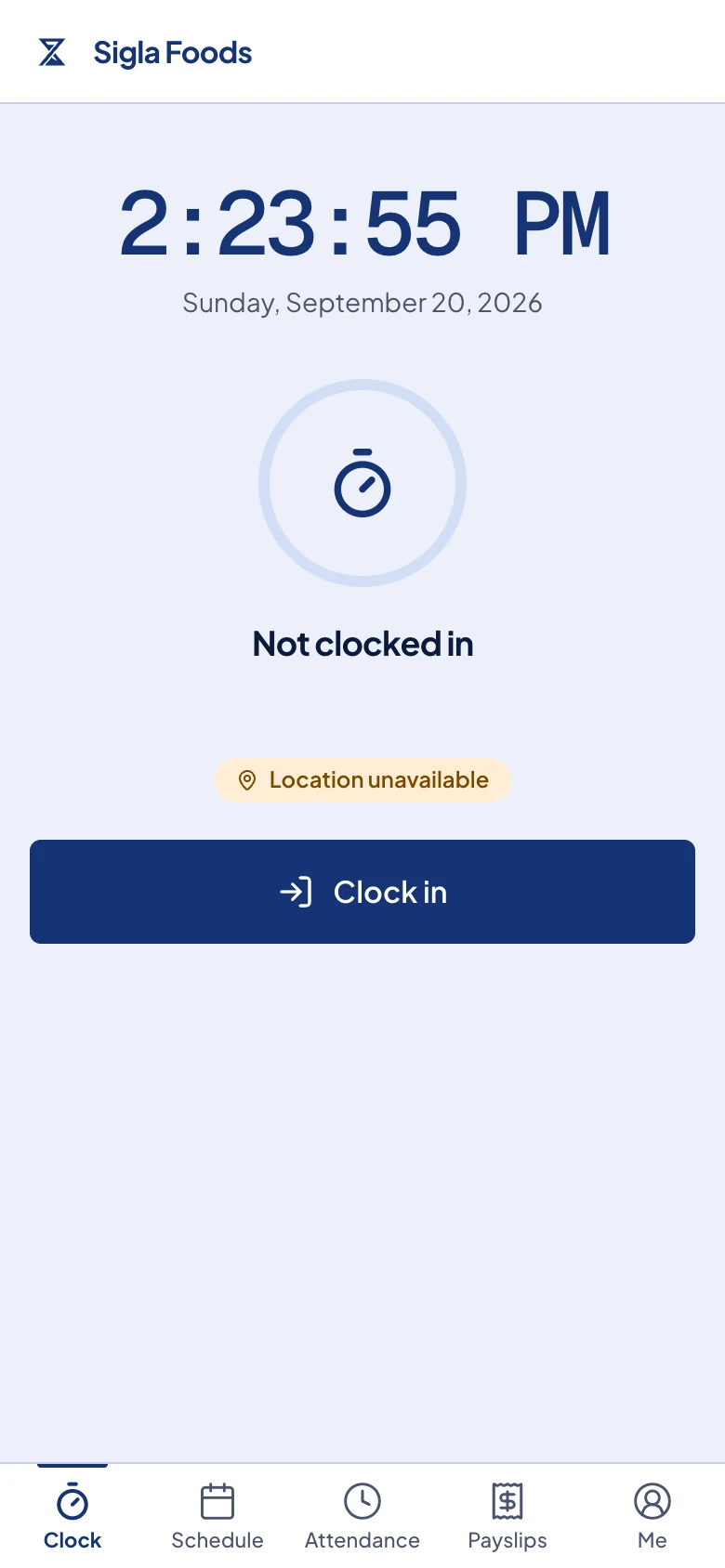 The Clock page before clocking in.