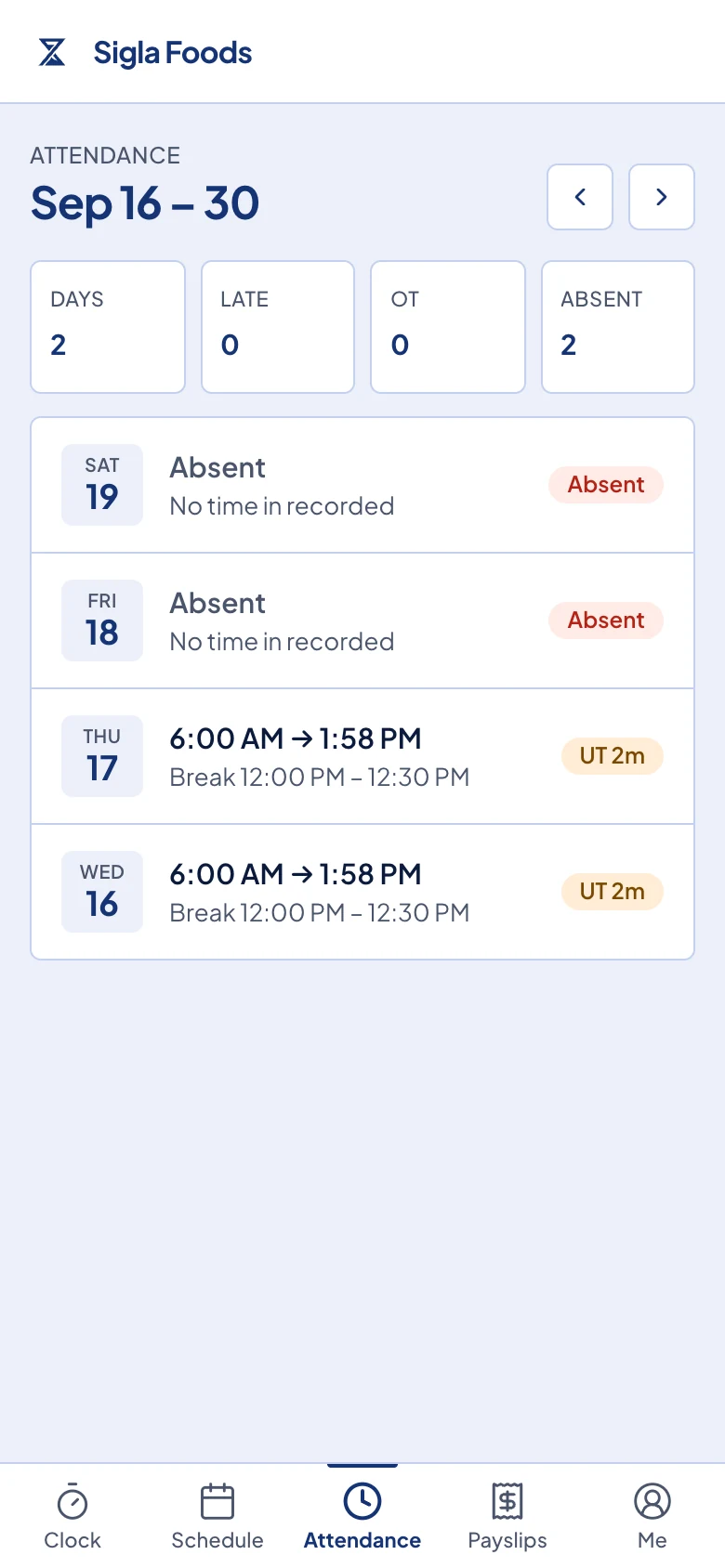 The Attendance page for one cutoff.