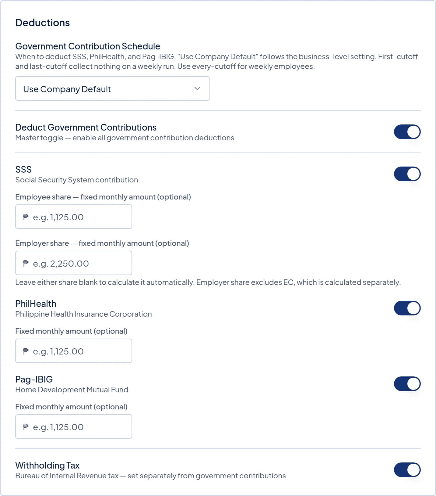 The Deductions card on an employee's page, with the schedule, the master switch, and a switch for each deduction.