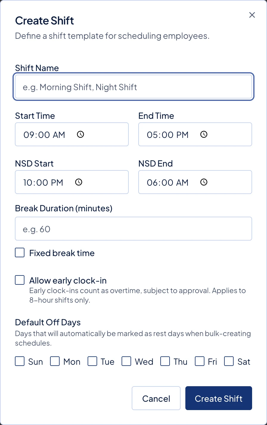 The Create Shift dialog.