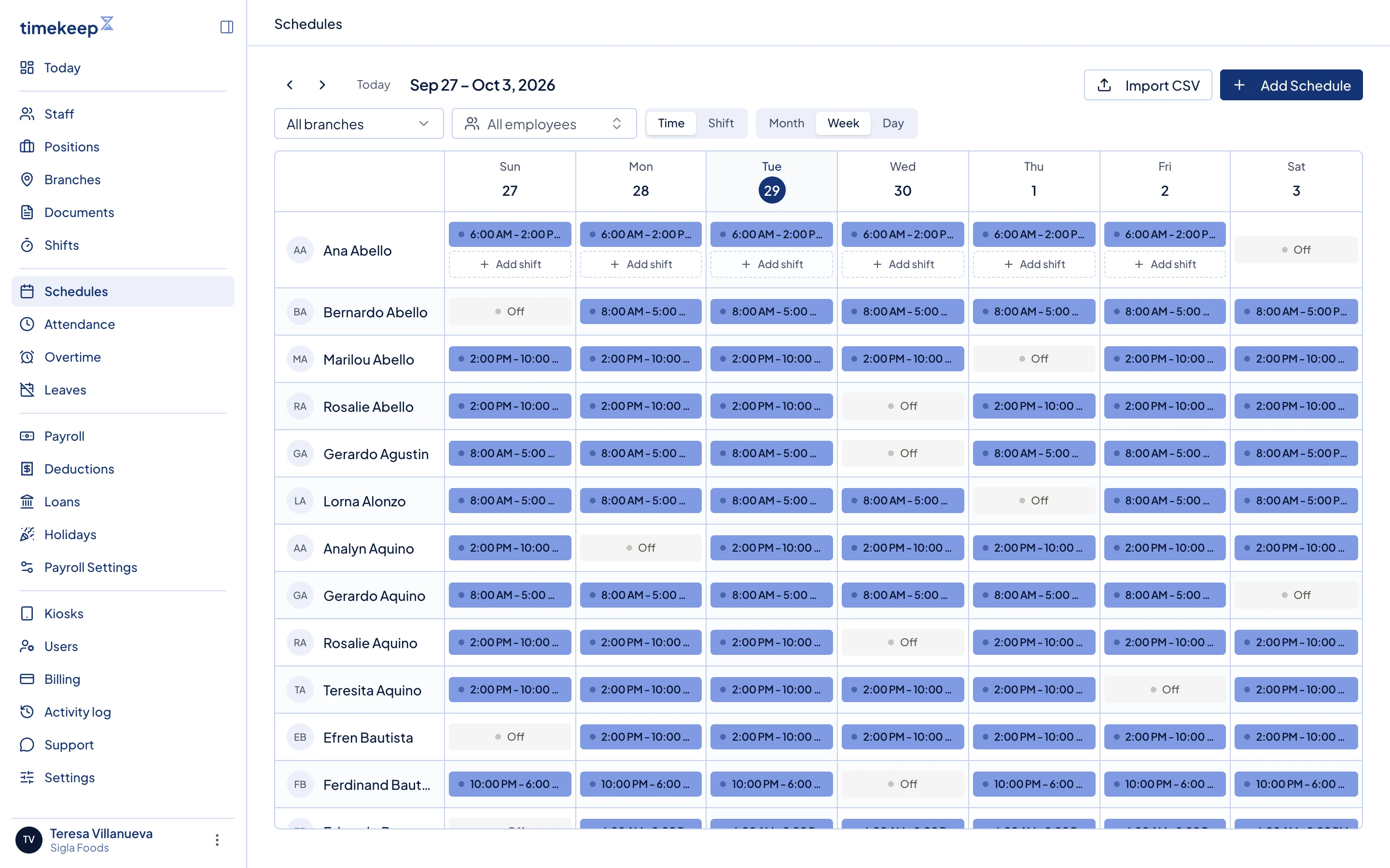 The Schedules calendar. Add Schedule is at the top right.