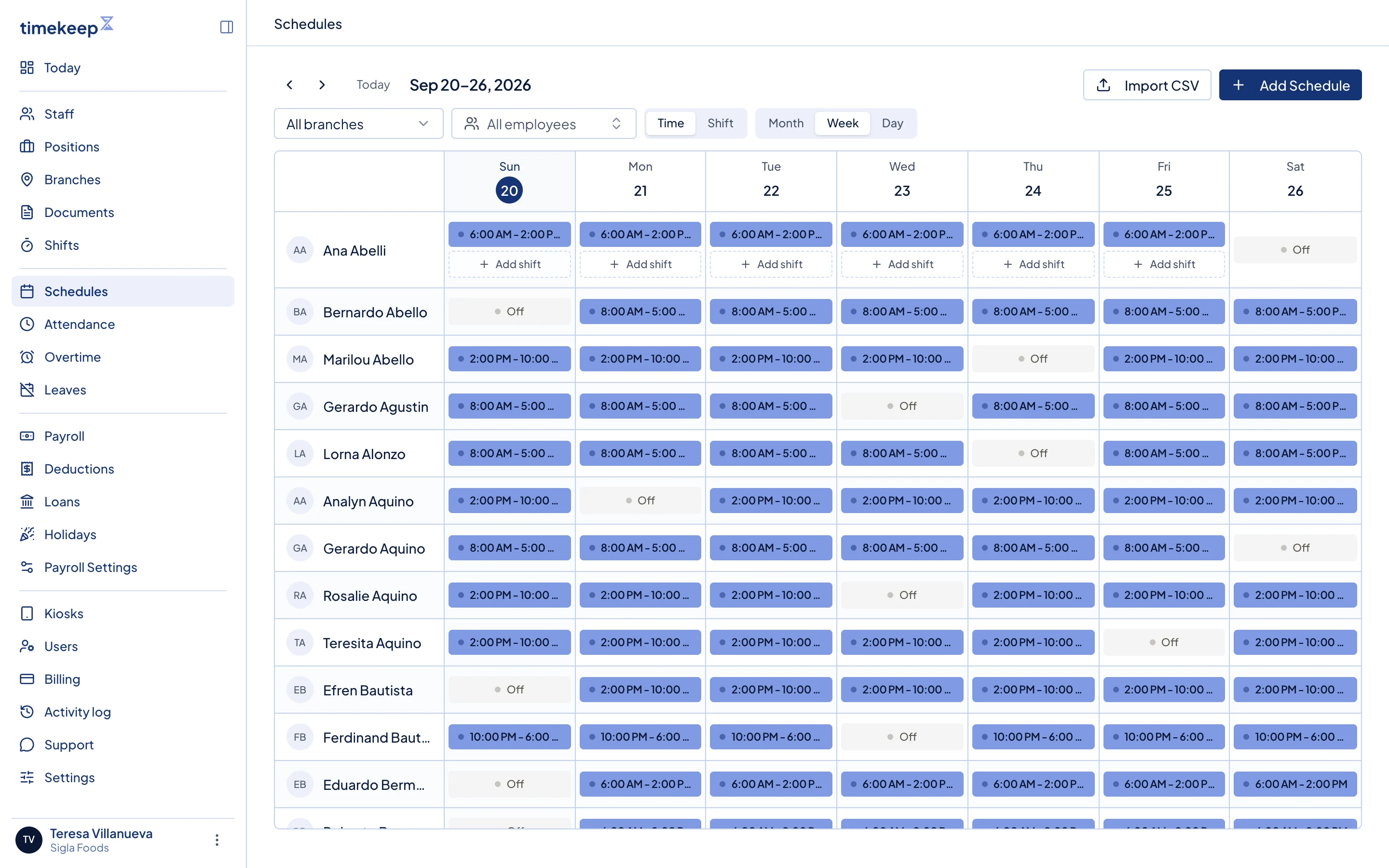 The Schedules calendar. Add Schedule is at the top right.