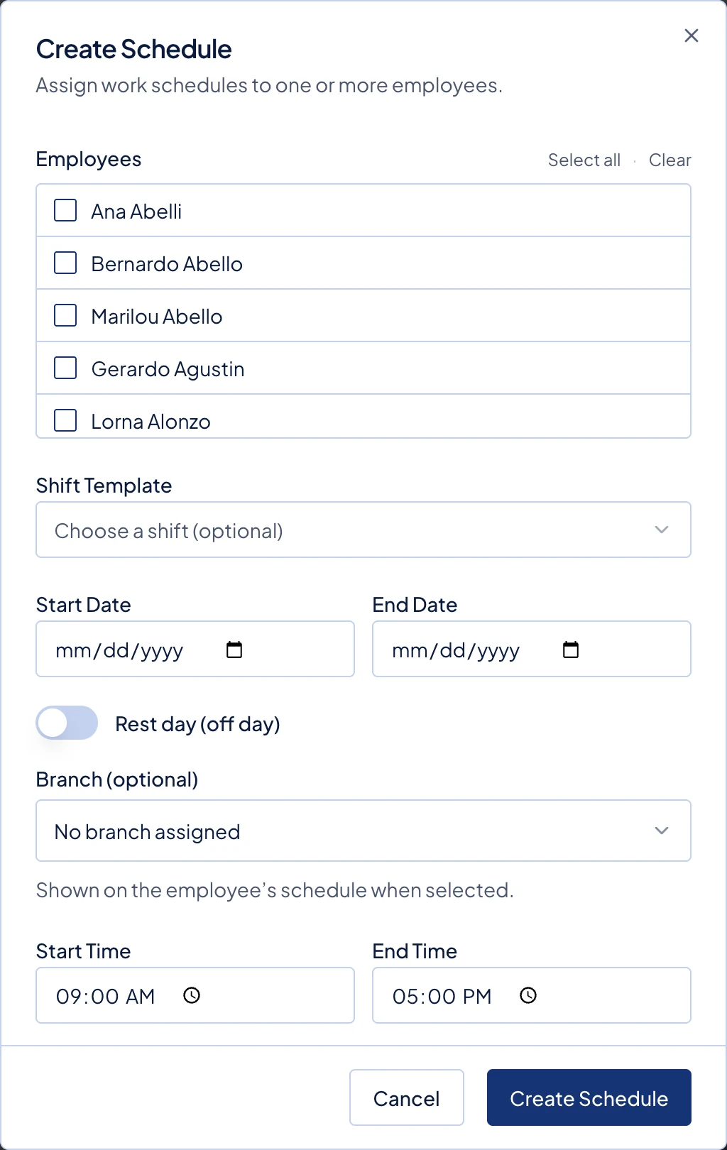 The Create Schedule dialog, opened from Add Schedule.