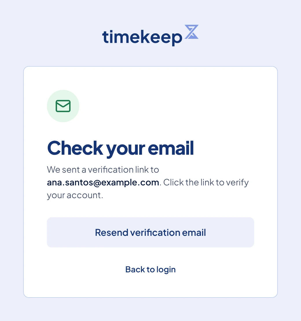 The Check your email page, with Resend verification email below the address.