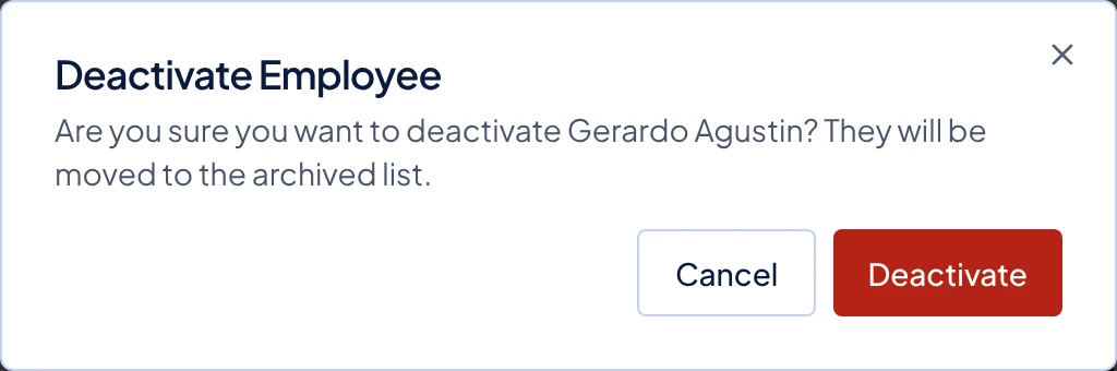 The Deactivate Employee window, opened from the employee's page.
