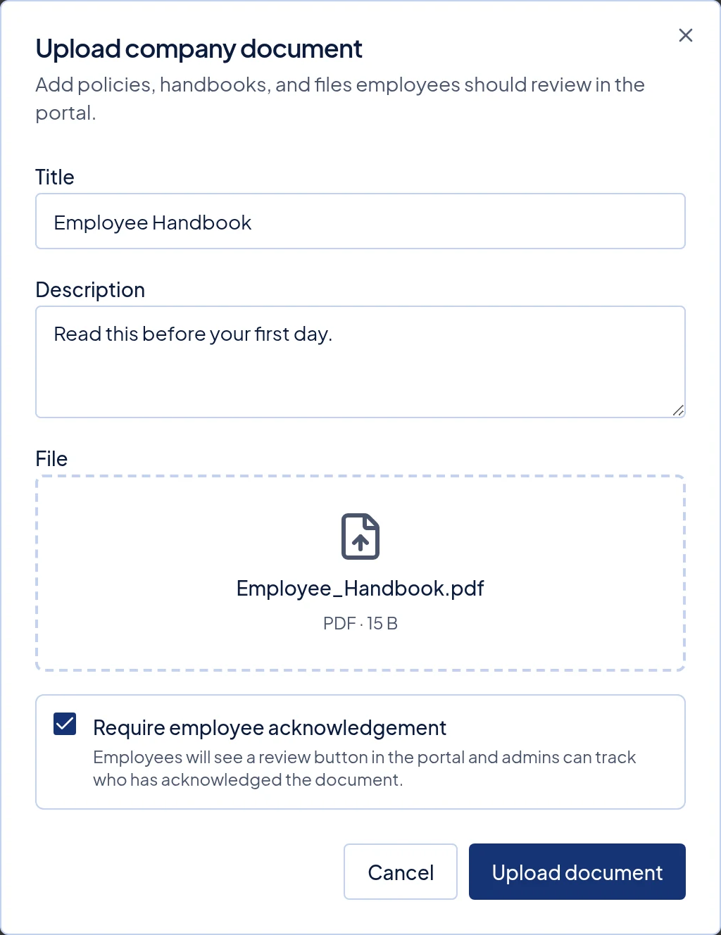 The Upload company document window with a title, a chosen PDF, and Require employee acknowledgement ticked.