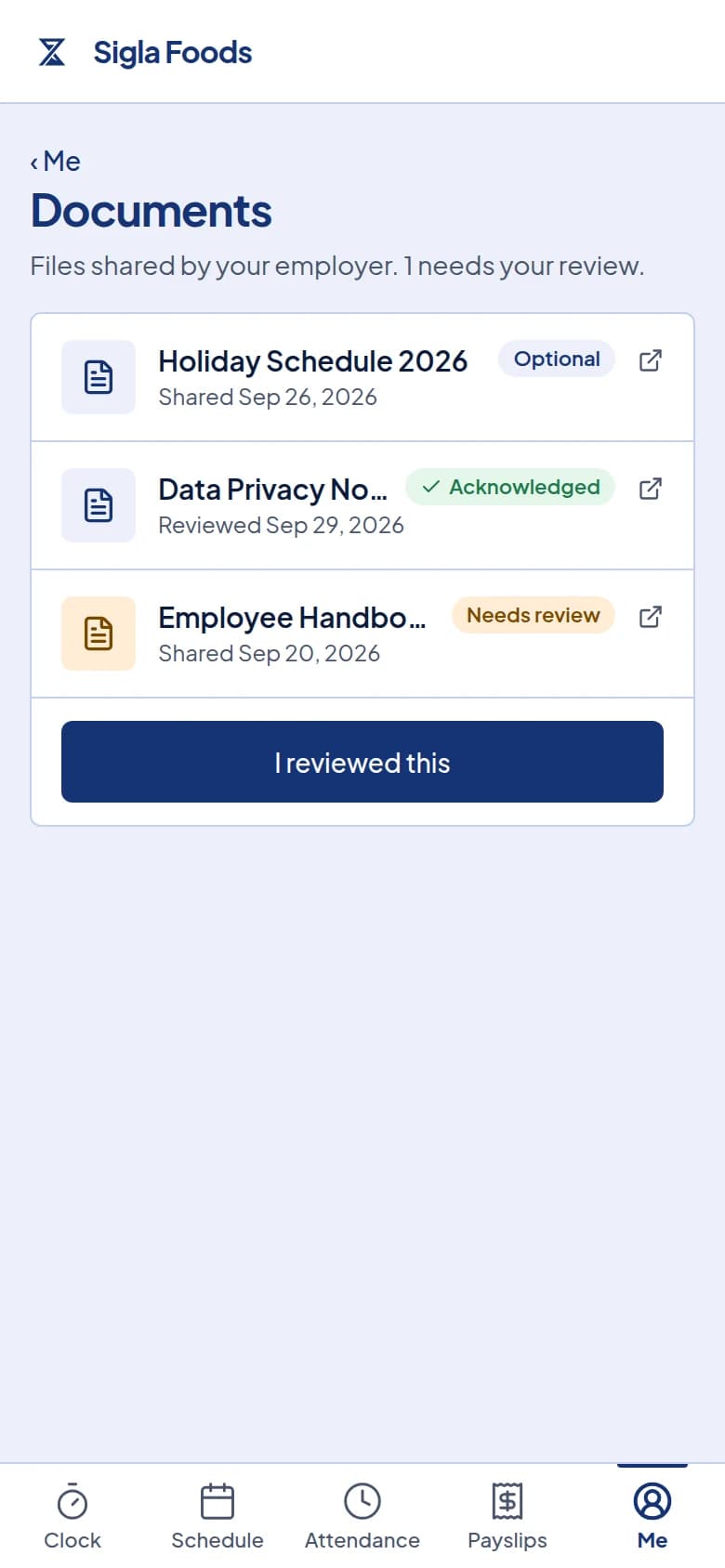 The employee portal Documents page. One document needs review, one is acknowledged and one is optional.