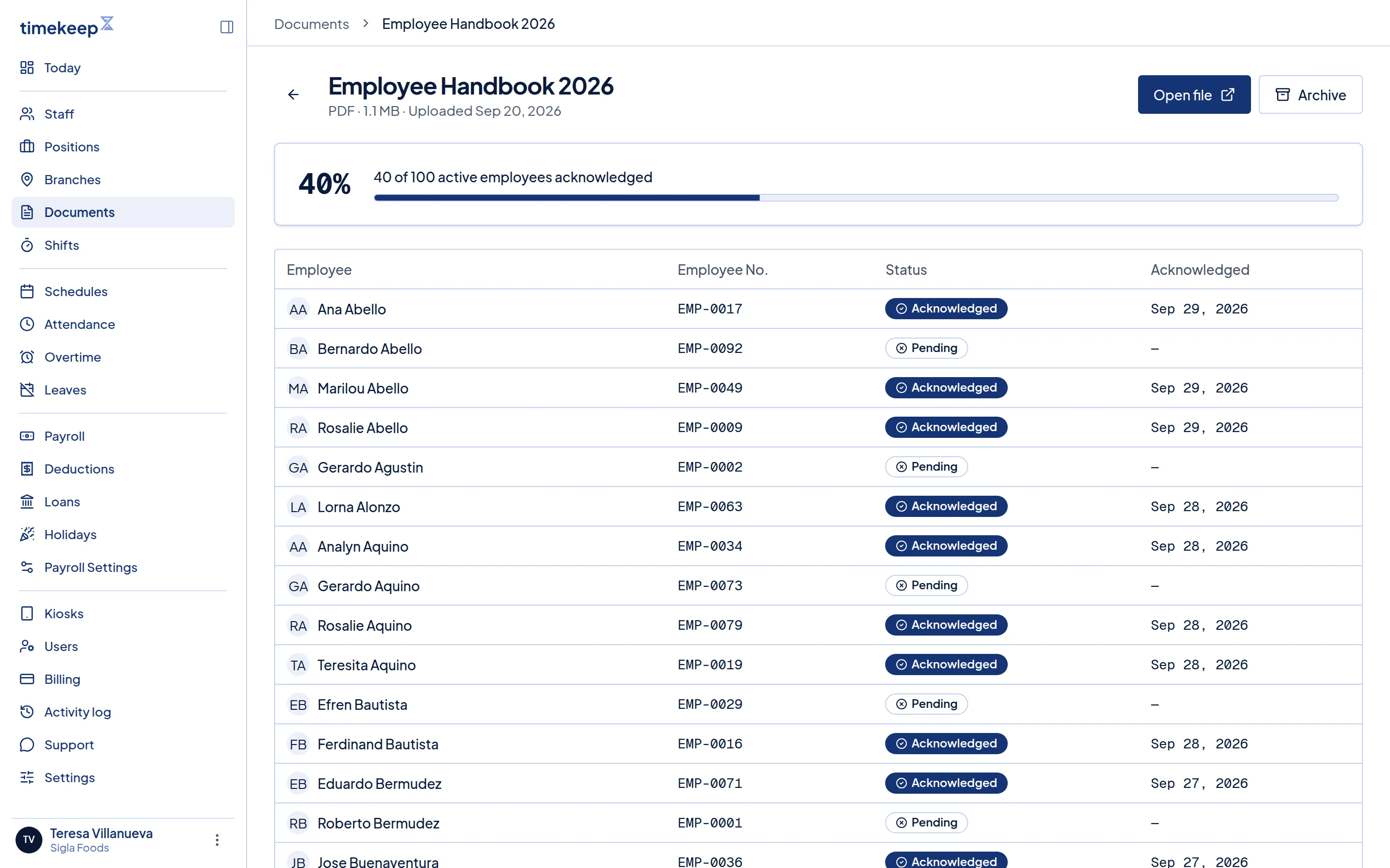 A document status page with the acknowledgement percentage and a table of employees marked Acknowledged or Pending.