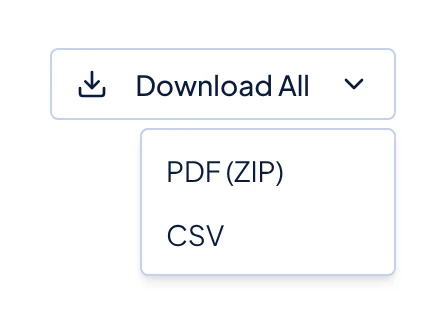 The Download All menu on a payroll run, with PDF (ZIP) and CSV.