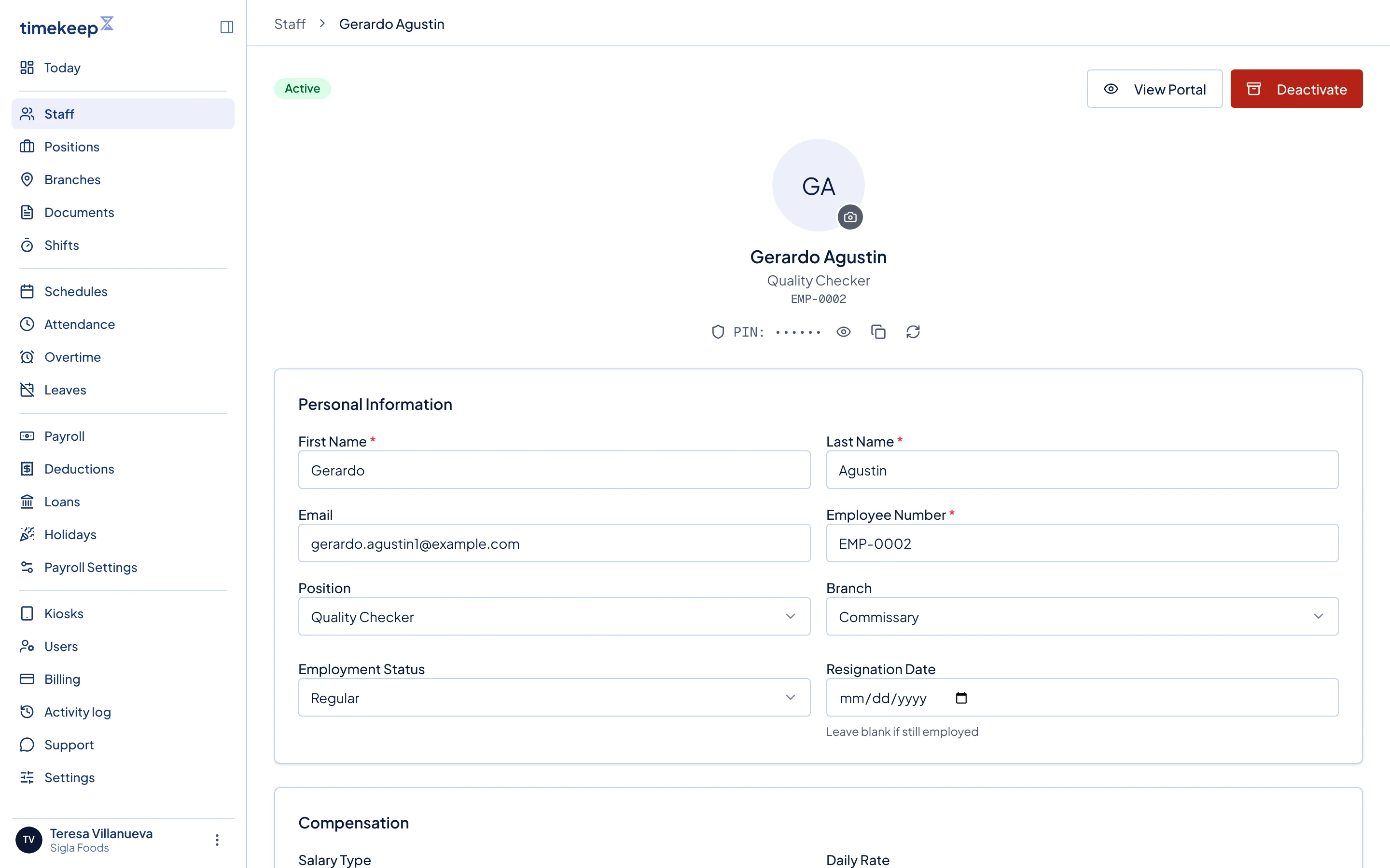 The top of an employee's page, with the Personal Information and Compensation cards.