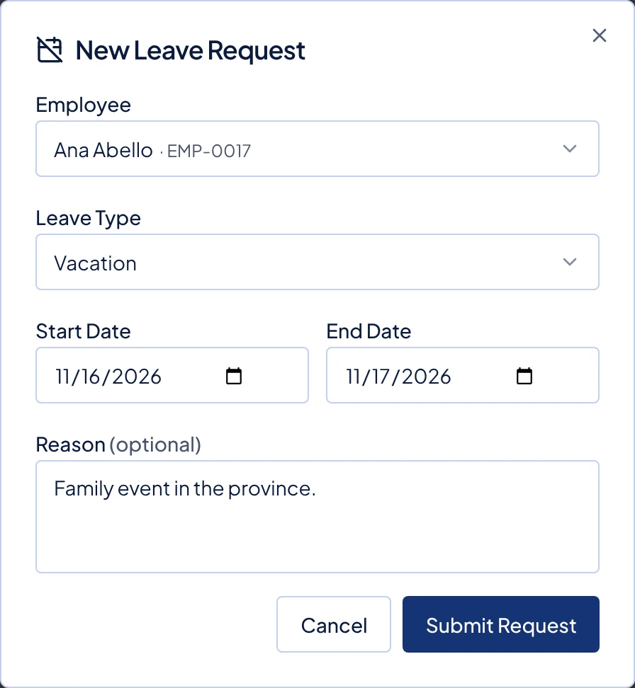 The New Leave Request window with an employee, Vacation, the dates and a reason filled in.