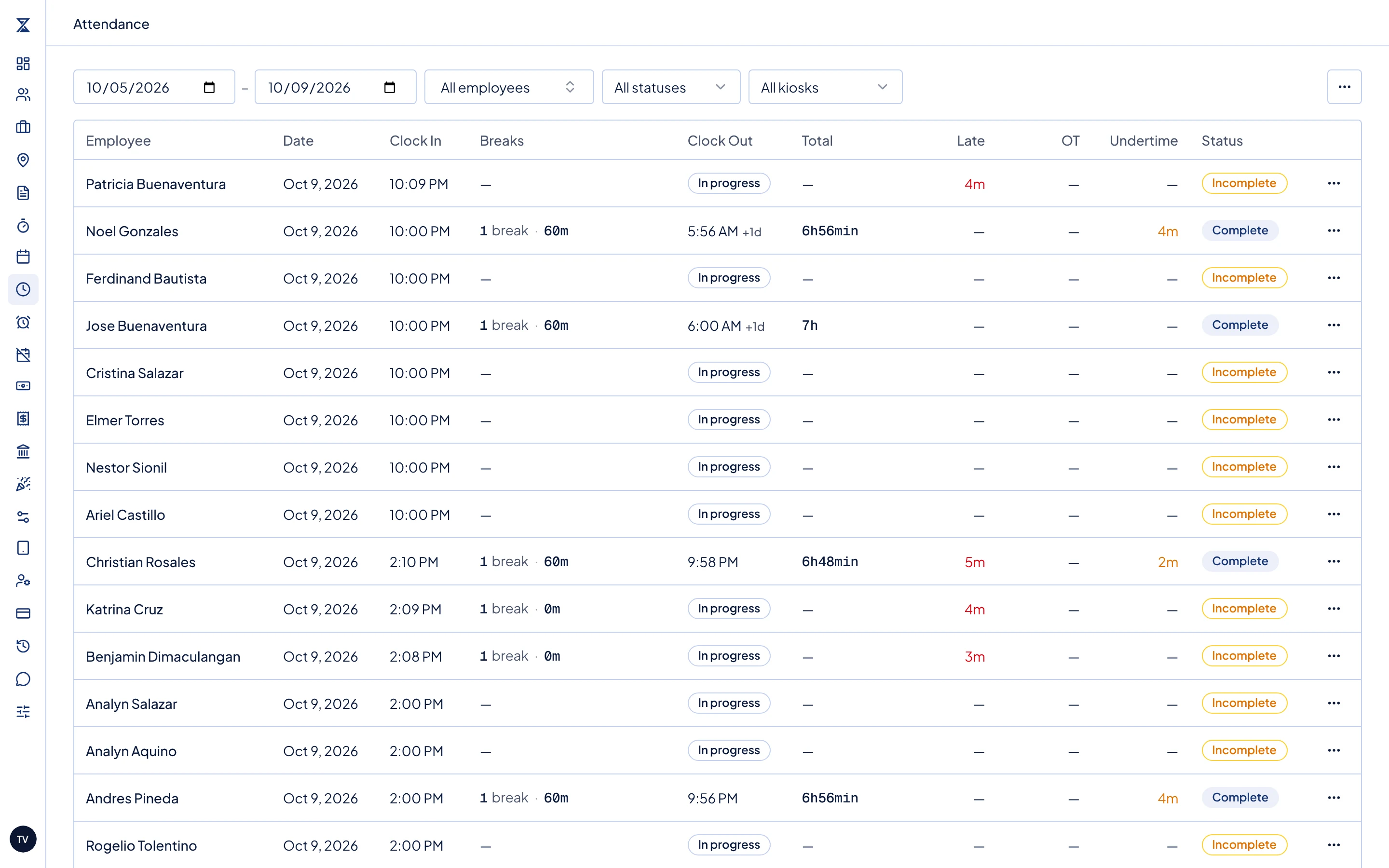 The Attendance page with the date, employee, status and kiosk filters above the table.