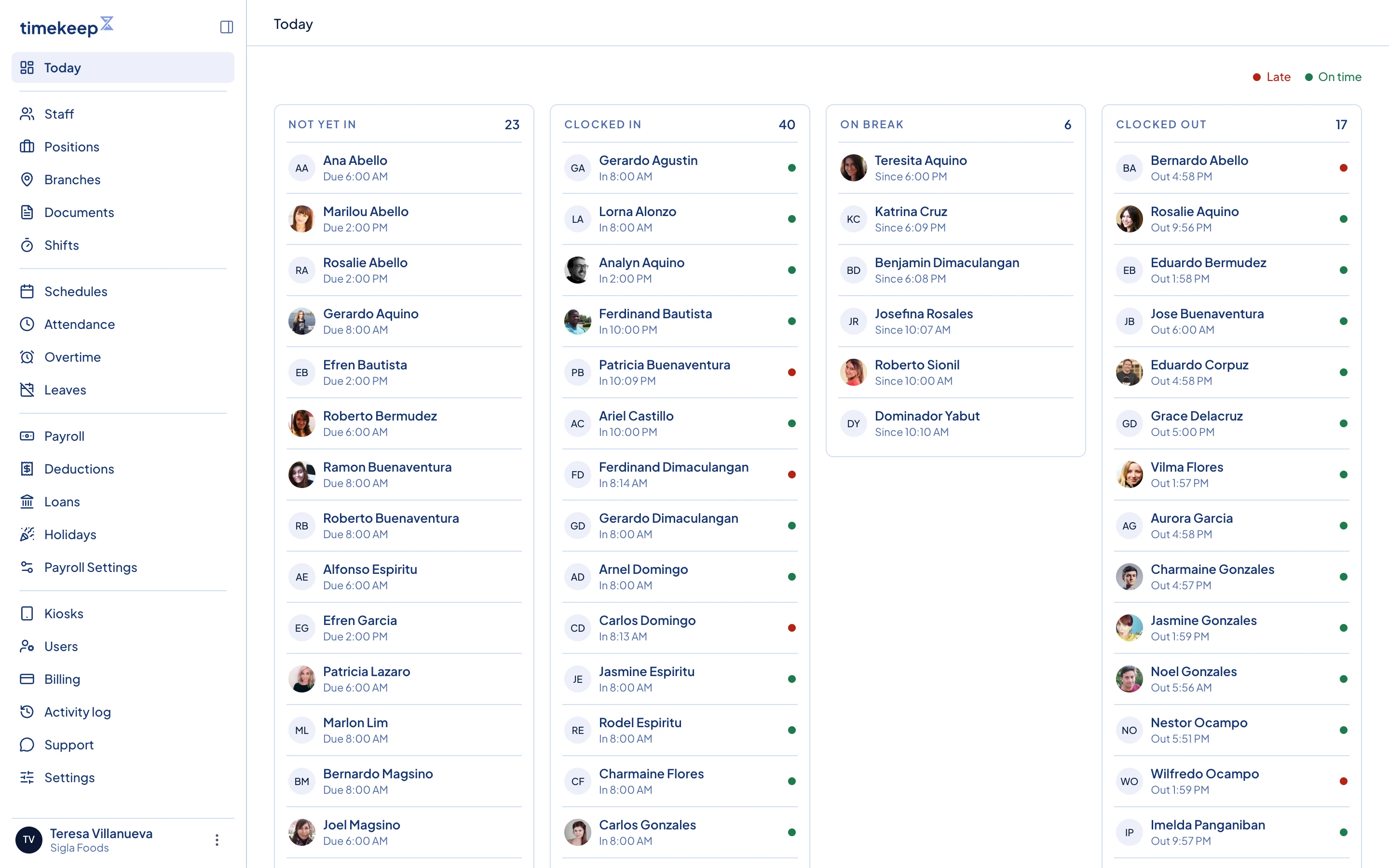 The dashboard. The sidebar on the left runs in the same order: staff, then attendance, then payroll.