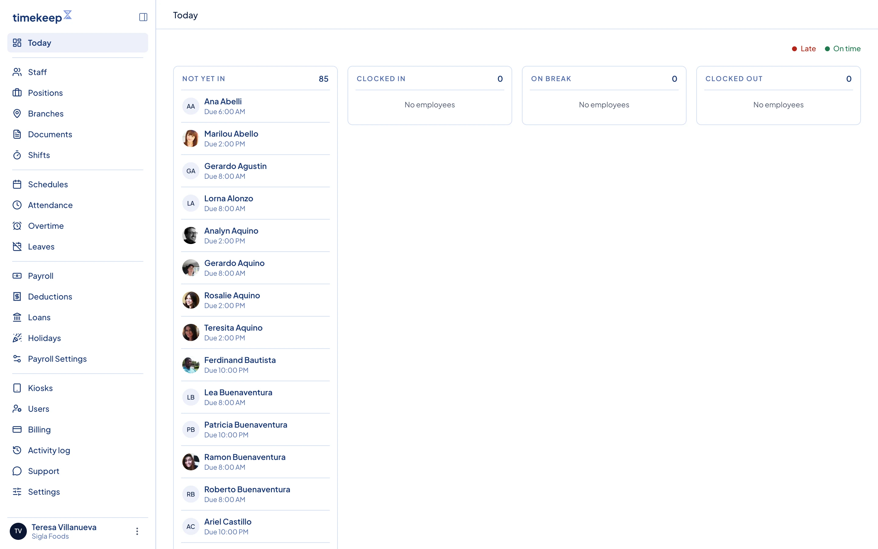 The dashboard. The sidebar on the left runs in the same order: staff, then attendance, then payroll.
