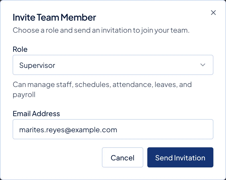 The Invite Team Member window with a role and an email address filled in.