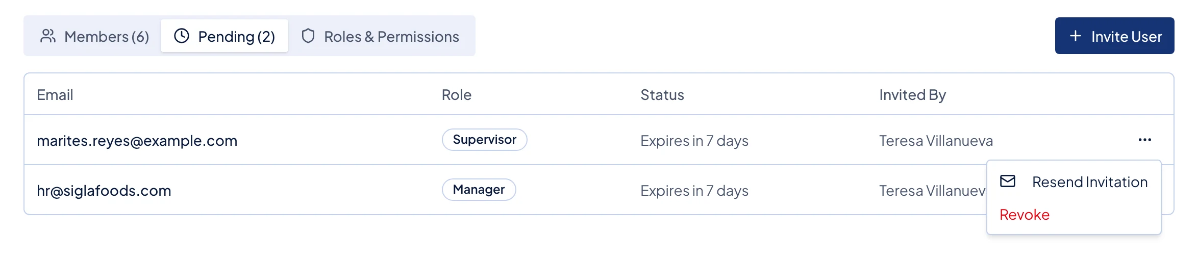 The Pending tab, with the menu open on an invitation.