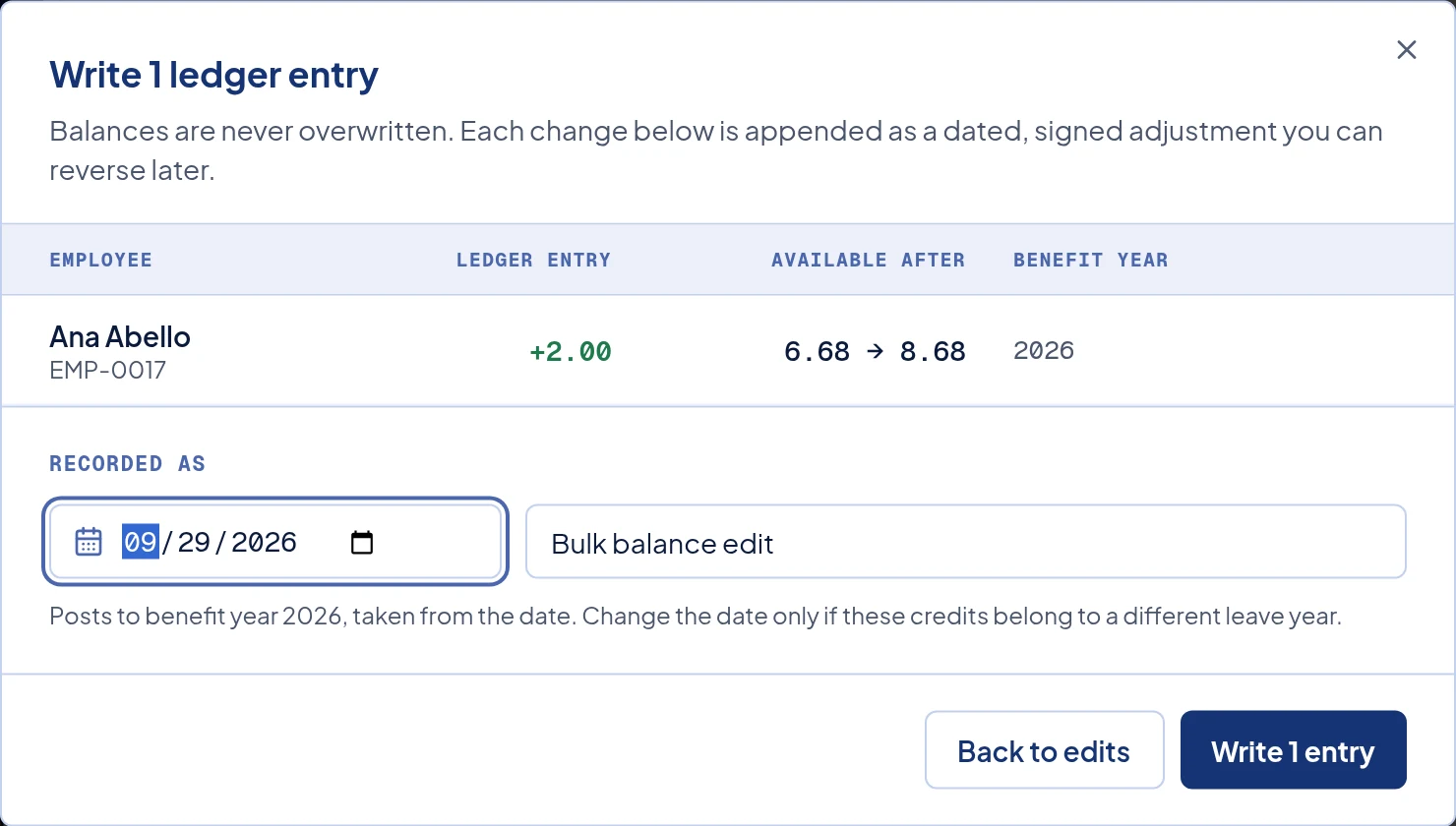 The review window showing +2.00 for one employee, with the date and note filled in.