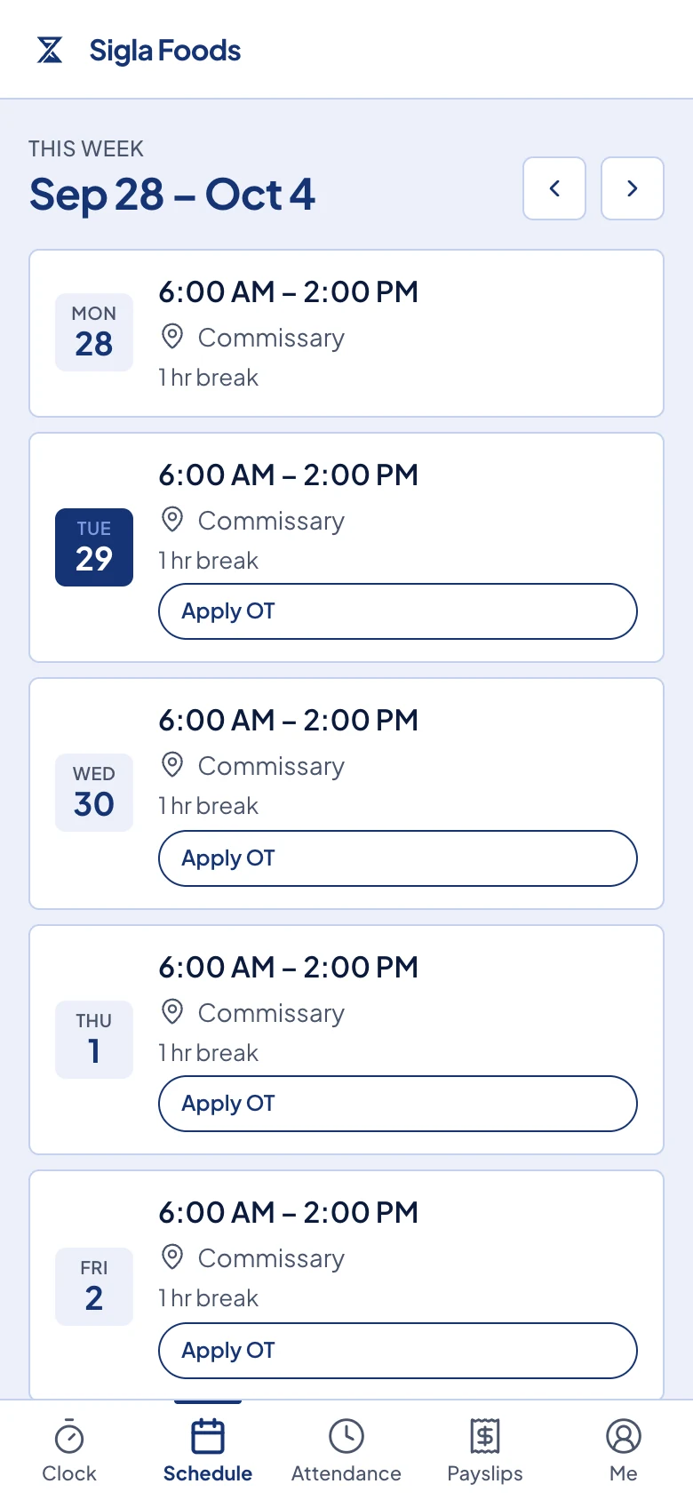 The Schedule page, with the navigation bar at the bottom.