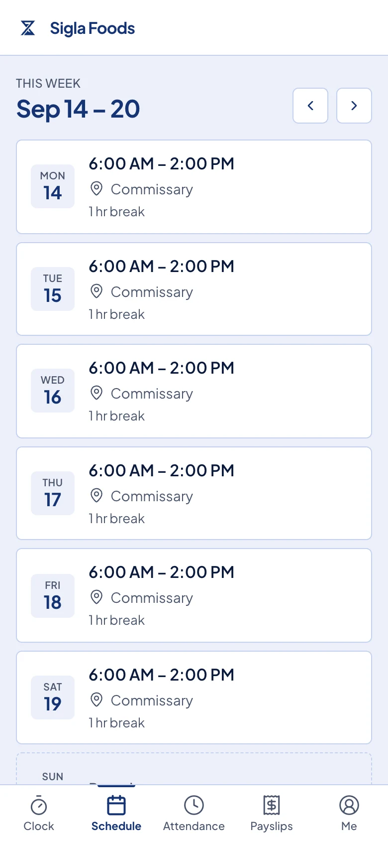 The Schedule page, with the navigation bar at the bottom.