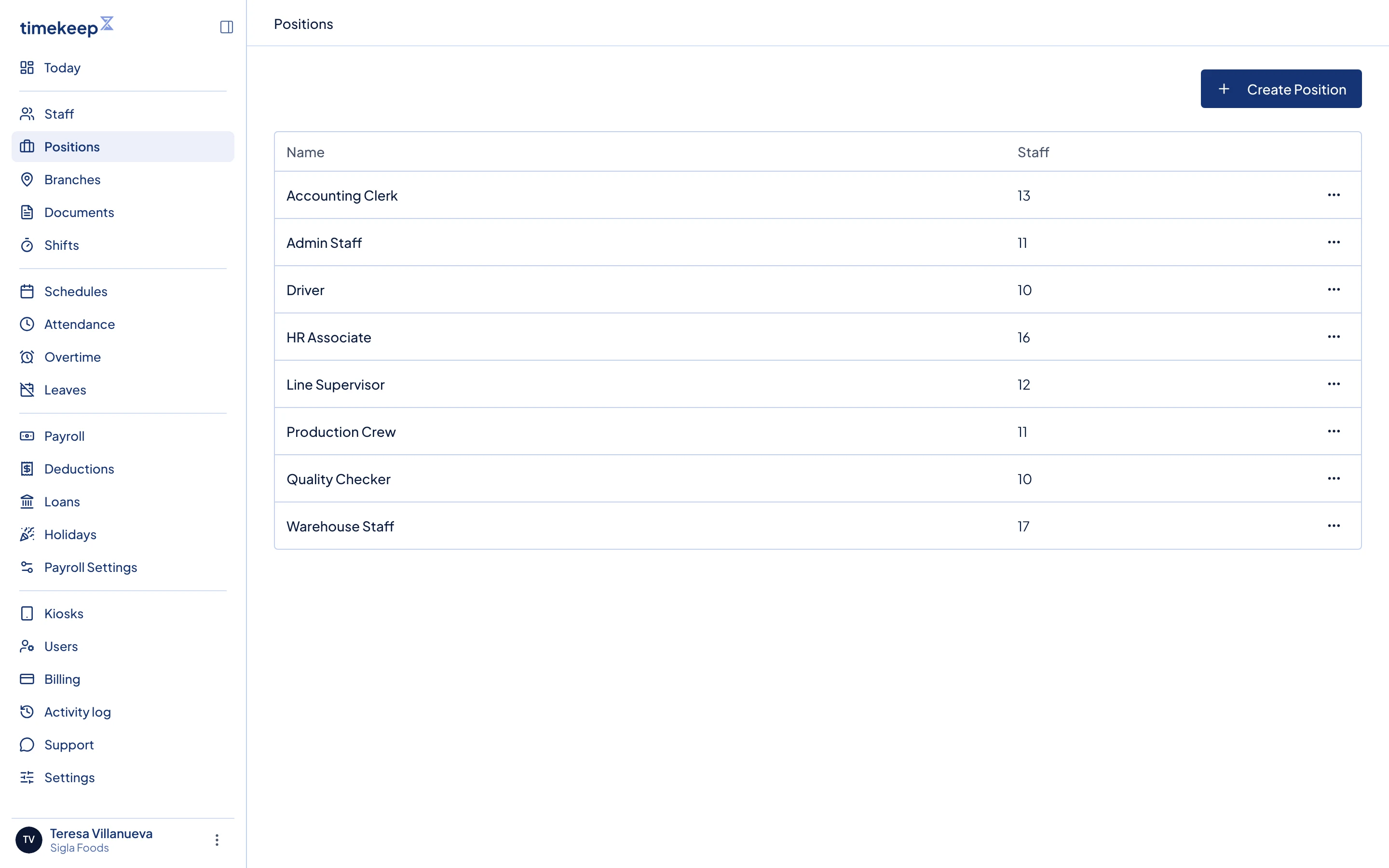 The Positions page. Each row shows a position name and its staff count, with a menu at the end.