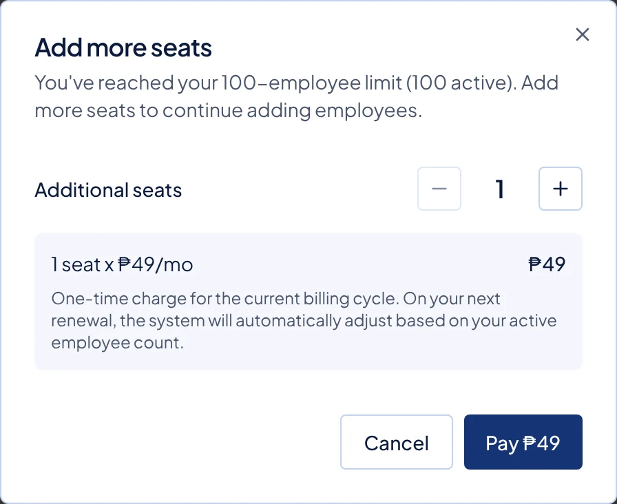 The Add more seats window, opened from Add Employee when every seat is in use.
