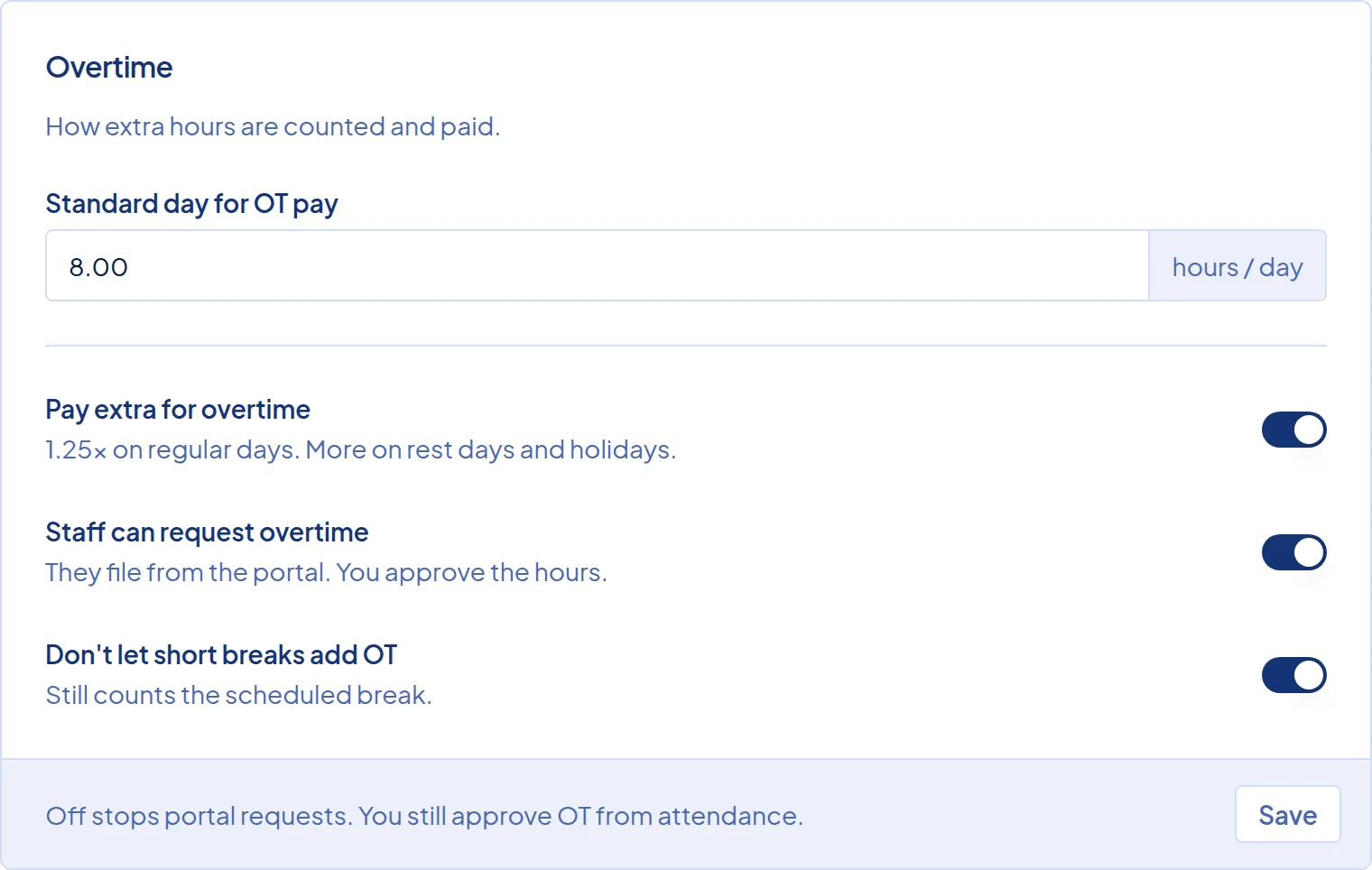 The Overtime card in Payroll Settings, with Standard day for OT pay set to 8 hours.